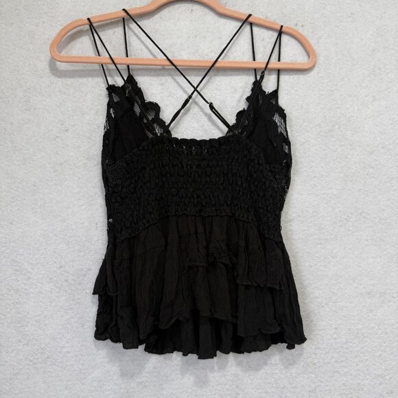 Free People FP One Top Womens L Black Lace Crochet Peplum Cami Boho Strappy - Picture 5 of 8